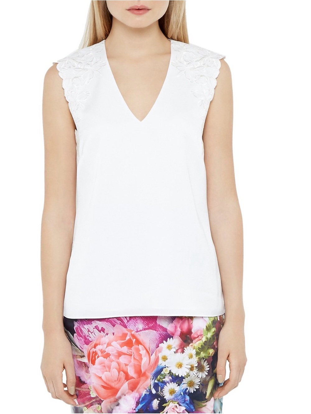 Ted Baker White V-Neck Sleeveless Top with Lace-Embellished Shoulders